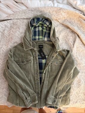 Stoosh Olive Green Corduroy Hooded Shirt Jacket with Plaid Lining